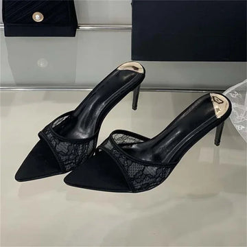 Xajzpa Summer Street Style Design Breathable Women Slippers Sexy Pointed Toe Thin High Heels Banquet Prom Mesh Shoes